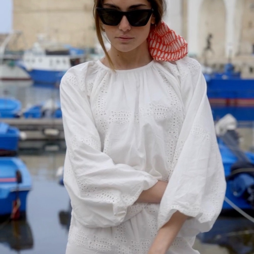 MIRTH – Andaman Bubble Top in White Marine Eyelet